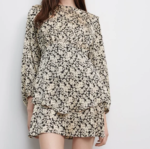 Zara Floral Print Satin Tiered Mini Dress